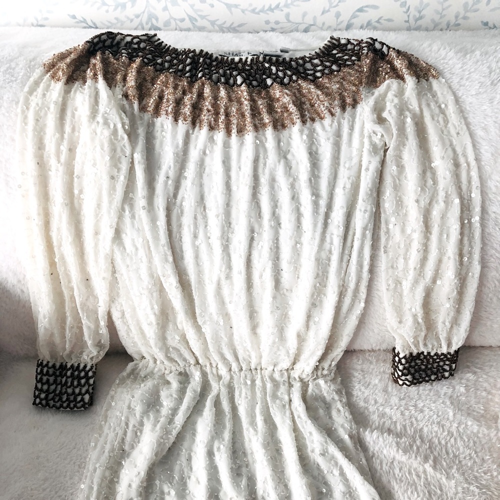 Show stopper white sequin dress gold embellished